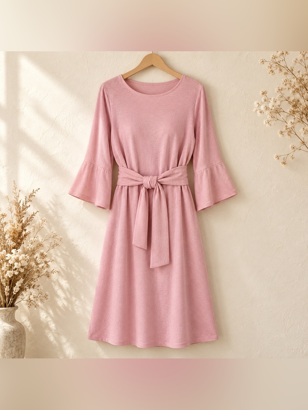 Suzanne Betro XL Pink Tie Front Bell Sleeve Dress NWT